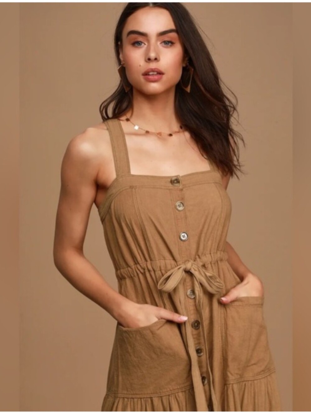 Free People Catch The Breeze Tan Button Front Maxi Dress